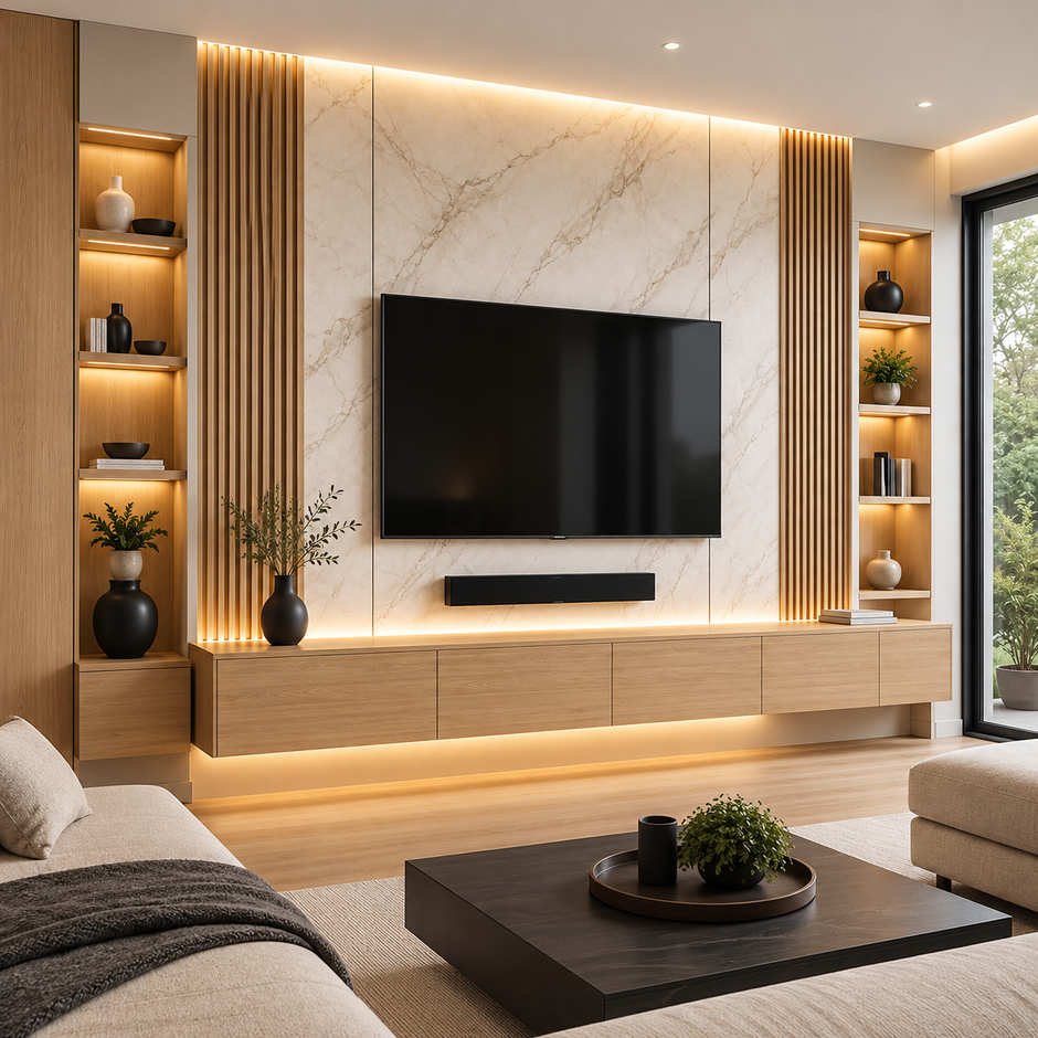Modern Marble & Wood TV Wall Unit